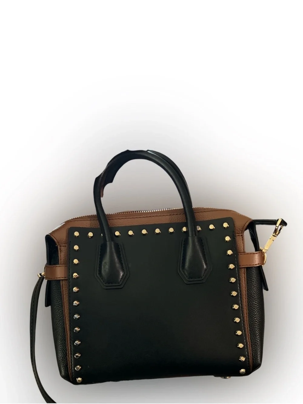 Michael Kors Black and Brown Studded Leather Satchel with Gold Hardware